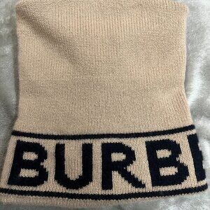 Authentic Burberry Beige Knit Beanie Hat Logo Band Unisex